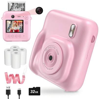 Máy ảnh kỹ thuật số ống kính kép 4800MP với chức năng in ảnh tức thời, camera selfie 1080P, kèm thẻ nhớ SD 32GB, quà Giáng sinh/sinh nhật cho trẻ em.