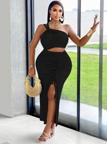 BIUBIU Women's Plus Size Sexy One Shoulder Twist Cut Out Tie-Front Ruched Split Thigh Vacation Dress - Black - View 5