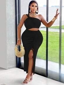 BIUBIU Women's Plus Size Sexy One Shoulder Twist Cut Out Tie-Front Ruched Split Thigh Vacation Dress