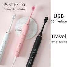 1pc Electric Toothbrush, 3 Replaceable Brush Heads, USB Charging, 5 Cleaning Modes, 1 Set Includes Bathroom Wall-Mounted Toothbrush Holder Storage Rack, Travel Toothbrush Dust Cover, Protects Oral Health, For Adult Use - 白色 - 查看 7