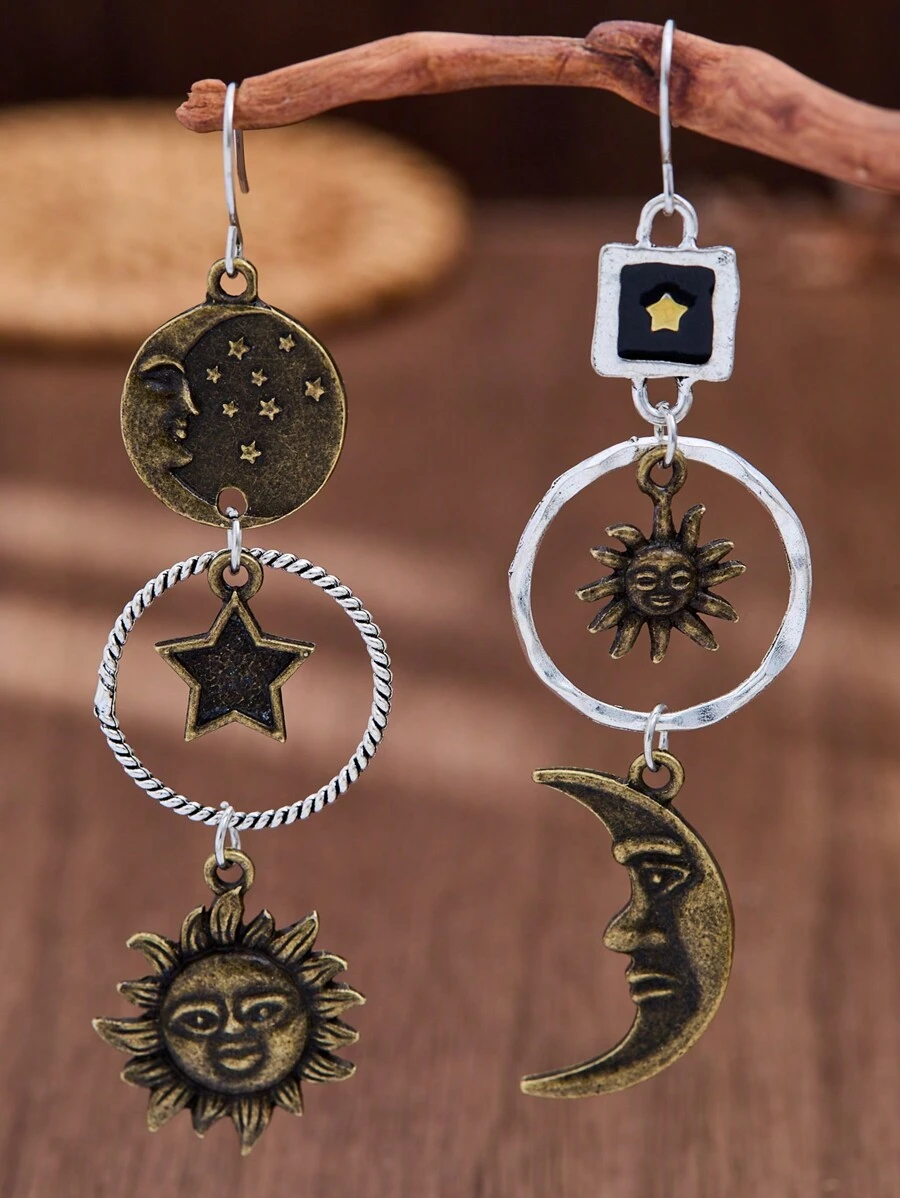 1 对 MONLOTTI 复古西部风格星星和新月吊坠耳环，波西米亚风格女士珠宝，日常佩戴/礼物 - 彩色 - 查看 1