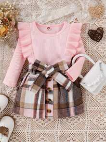 Toddler Girls Autumn Outfit Sets Pink Long Sleeve Ruffle Ribbed Tops + A-Line Plaid Skirt With Belt - 粉色 - 查看 4