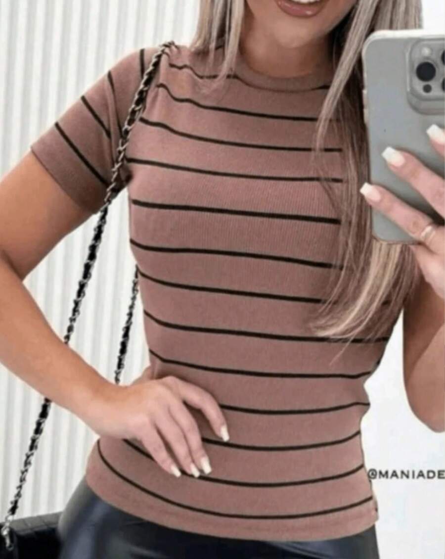Casual Striped Summer Blouse - Rust Brown - View 1