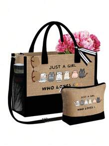 Vibrant Cat Print Canvas Tote Bag, Large Capacity Beach Bag Suitable For Beach, Shopping, Storage, Commuting, Durable And Multifunctional Fashion, Perfect Gift For Cat Lovers, Casual Outings And Daily Use, Ideal For Valentine's Day, Mother's Day And Birthdays