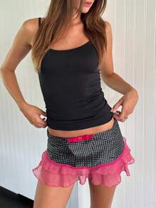 Womens Y2K Lace Mini Skirt Low Rise Pleated Ruffle Half Slip Skirt Mesh Floral Layered Short Skirts Underskirt Fairycore Bow Front A-Line Skirts Cute Summer Skirts Beach Vacation Clothes Vintage Aesthetic Club Streetwear - 黑色 - 查看 3