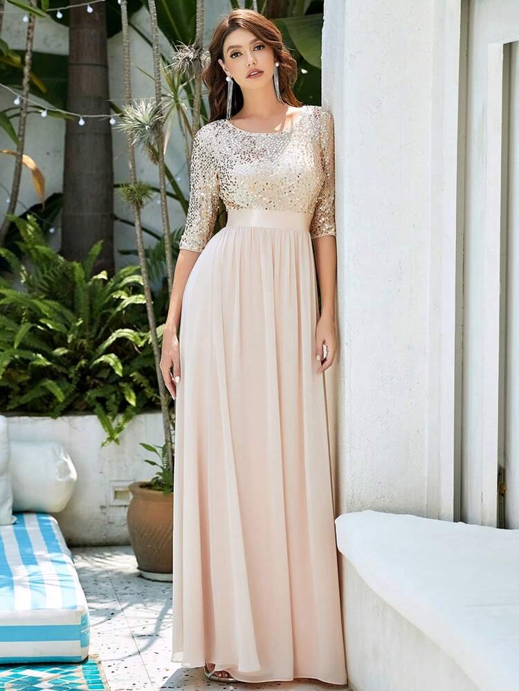 Contrast Sequin Bodice Chiffon Prom Evening Dress Elegant Formal Wedding Guest Gown, For Graduation, Dinner Party Dress