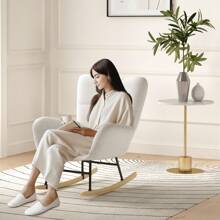 Rocking Chairs For Adults, Teddy Fabric Nursery Rocking Chair Relaxing Recliner Chair Boucle Rocking Chair With Solid Wood Legs High Back Lounge Chairs For Balcony Living Room Bedroom