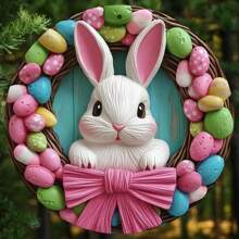 Charming Easter Bunny Wreath With Colorful Eggs And Pink Bow - Circular Wooden Wall Art Without Batteries, Suitable For Home And Office, Great For Halloween, Valentine's Day, St. Patrick's Day And Other Holiday Spring Decorations - Multicolor - View 2