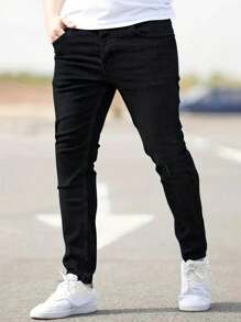 Men's Slim-Fit Casual Solid Color Business Straight Leg Jeans, With Elastic, Slant Pockets, Blend Fabric Year-Round Wear - Black - View 1
