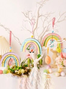 1 pièce Panneau en bois classique de lapin de Pâques et arc-en-ciel - Plaque décorative de table pour la ferme, le salon, la chambre, la salle à manger - Décoration de fête polyvalente, idéale pour les célébrations de printemps en intérieur et en extérieur, décorations extérieures