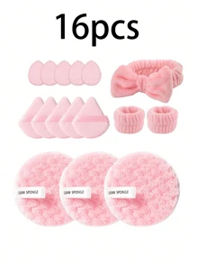 1/27件粉色化妆海绵套装，可重复使用化妆粉扑，化妆工具套装，美妆蛋，包含：2个化妆头带，1个卸妆头带，5个化妆海绵，2个化妆粉扑，12个迷你化妆粉扑，5个三角形化妆粉扑，5个迷你美妆蛋，3片卸妆棉，便携式旅行化妆工具包，赠品，旅行，平价好物，旅行必备 - 粉色 - 查看 3