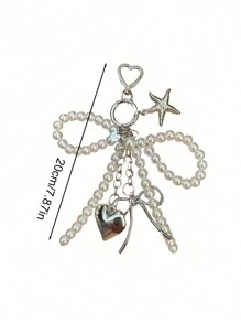 男女皆宜的Y2K可爱串珠蝴蝶结吊坠，时尚大号心形包包挂饰，银色心形旋转钩设计，弹簧扣，海星、蝴蝶结和心形元素手机挂饰钥匙扣 - 彩色 - 查看 8