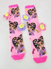 一双可爱的向日葵女童袜子，适合儿童及膝袜，适合日常夏季校园装扮和派对使用。 - 粉色 - 查看 4