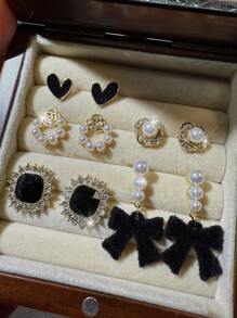 5pcs/Set Vintage Style Black Heart Flocked Bow Hollow Flower Petal Rhinestone Square Stud Earrings, Suitable For Women Everyday And Festivals Wear (No Box) - Set a - View 3