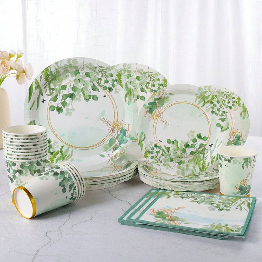 Eukalyptus Blatt Design 18/23 cm Einweg-Geschirr Set, Pappteller, Papierservietten, Pappbecher für Partys, Geburtstage, Party Dekorationsbedarf