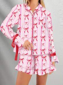 Women Matching Pajamas Bow Stripe Print Button Down Long Sleeve Lapel Tops Shorts Family Summer Sleepwear