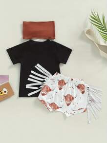 Western Toddler Baby Girl Clothes 3 6 12 18 Months 2T 3T Letter Short Sleeve T-Shirt Top + Tassel Shorts Outfits + Headband 3Pcs Set - Black - View 2
