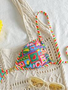 Women's Colorful Printed Vacation Style Hanging Neck Triangle Bikini Two-Piece Set, Suitable For Summer Travel And Vacation - Multicolor - View 3