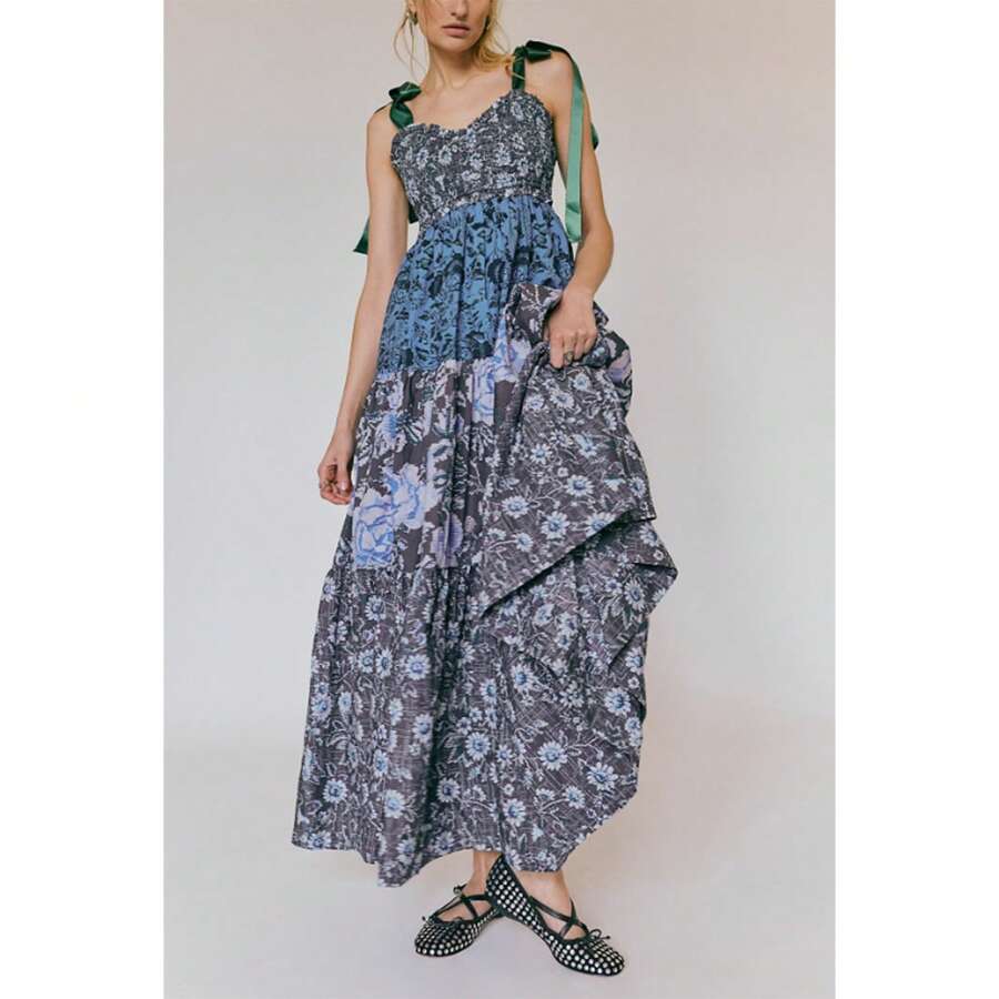 Women Summer Casual Cami Long Dress Floral Print Tie-Up Shoulder Straps Sleeveless Dresses Long Dress Summer Vacation Beach Sundress Big Swing A-Line Dress - Màu xanh ngọc - Xem 1