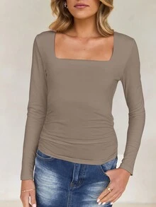 Vaiaye Women's Spring/Summer Y2K Square Neck Long Sleeve Fitted T-Shirt, Solid Color Sexy Top, Suitable For Valentine's Day - Brown - View 8