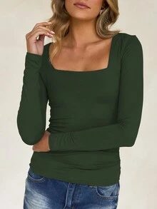 Vaiaye Damen Frühling/Sommer Y2K Quadratischer Ausschnitt Langarm Figurbetontes T-Shirt, einfarbiges sexy Top, geeignet für den Valentinstag - Armeegrün - Übersicht 6
