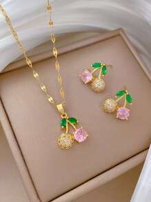 1条项链，1对耳环，轻奢樱桃粉色水钻清新简约微镶锆项链耳环，锁骨链，毛衣链，配饰套装 - 金色 - 查看 9