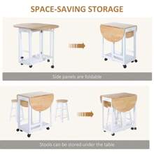 HOMCOM 3PC Wooden Kitchen Cart Mobile Rolling Trolley Folding Bar Table Two Stools Dining Chair Storage Shelf W/2 Drawers & 6 Wheels - White - View 6