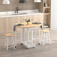 HOMCOM 3PC Wooden Kitchen Cart Mobile Rolling Trolley Folding Bar Table Two Stools Dining Chair Storage Shelf W/2 Drawers & 6 Wheels - White - View 4