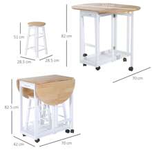 HOMCOM 3PC Wooden Kitchen Cart Mobile Rolling Trolley Folding Bar Table Two Stools Dining Chair Storage Shelf W/2 Drawers & 6 Wheels - White - View 3
