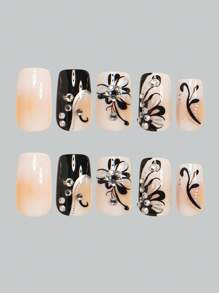 24pcs Spring/Summer Nail Stickers Set - Medium Square, Black & White French Stiletto, Decorated With 3D Rhinestones & Butterfly Patterns, Glossy Finish - Includes Jelly Gel And Nail File For Easy Application. Jelly Gel Shipped Randomly. Nail Art Supplies. - Black and White - View 3