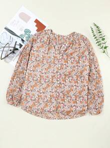 Printed Puff Sleeve Button Decor Round Neck Ruffle Hem Blouse, Women Autumn Clothing - Orange - View 5