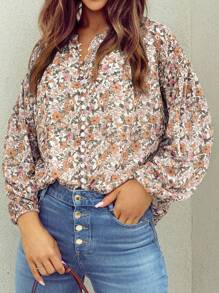 Printed Puff Sleeve Button Decor Round Neck Ruffle Hem Blouse, Women Autumn Clothing - Orange - View 3