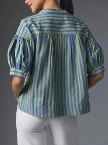 Womens Summer Pleated V Neck T Shirts Short Sleeve Casual Loose Blouses Striped Tunics Swing Top - 藍色 - 查看 4
