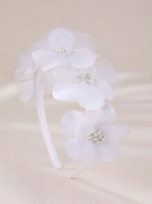 1pc Girls White Lace Flower Pearl Rhinestone Headband - White - View 15