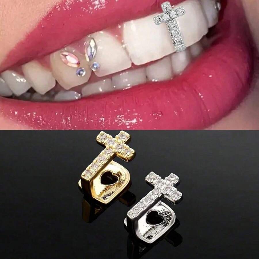 1pc Cross Cubic Zirconia Tooth Grill For Girls/Boys Tooth Decoration Suitable For Parties And Festivals