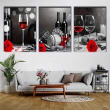 3-Piece Retro Wine And Rose Canvas Art Set - High Definition Printing, Wooden Frame Wall Decoration, Suitable For Bar, Kitchen, And Home Aesthetics - Inside Framed Wrapped Canvas - View 7
