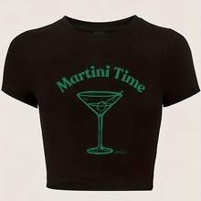 1pc Women'S Y2K Vintage Martini Time Letter Print Crop Tee - 黑色 - 查看 1