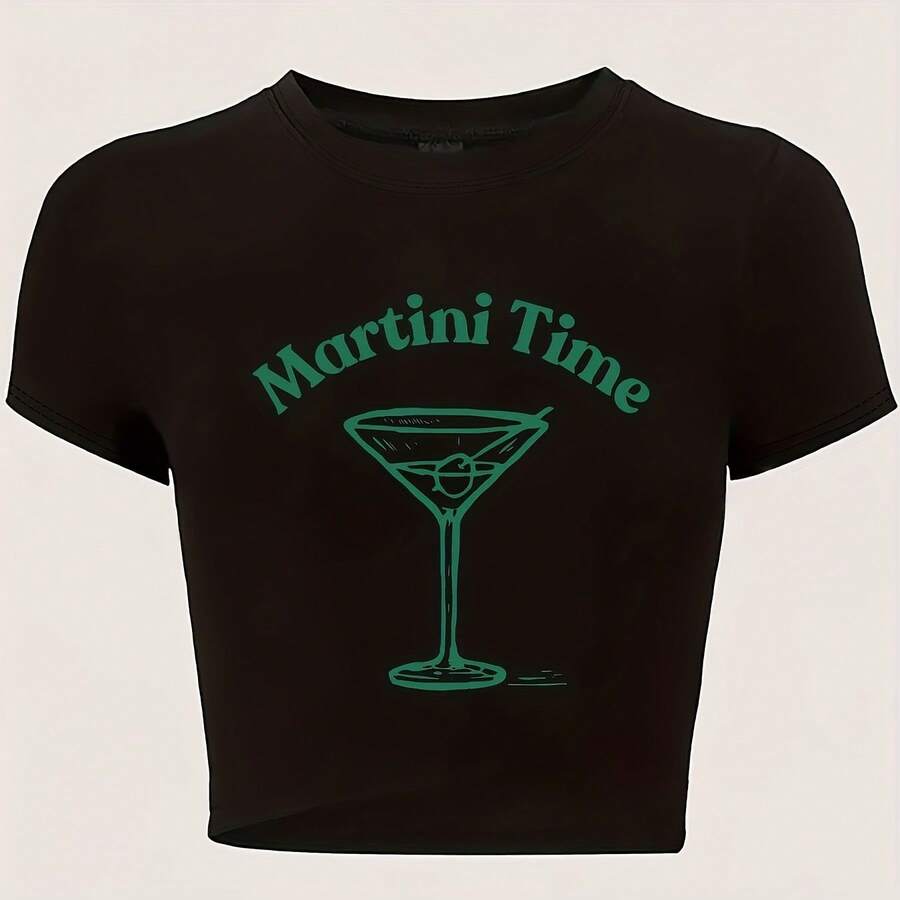 1pc Women'S Y2K Vintage Martini Time Letter Print Crop Tee - 黑色 - 查看 1