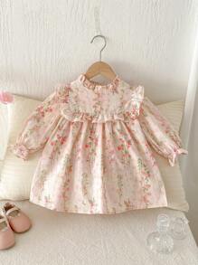 春季花朵图案女童连衣裙，休闲舒适，优雅年轻女士，粉色 - 粉色 - 查看 10