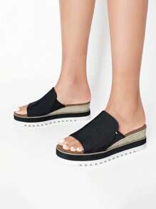 Women's Outdoor Platform Sandals Slip-On Espadrille Bohemia Wedge Sandals Comfort Dressy Open Toe Canvas Slides For Walking Beach Vacation Summer Shoes - 黑色 - 查看 1