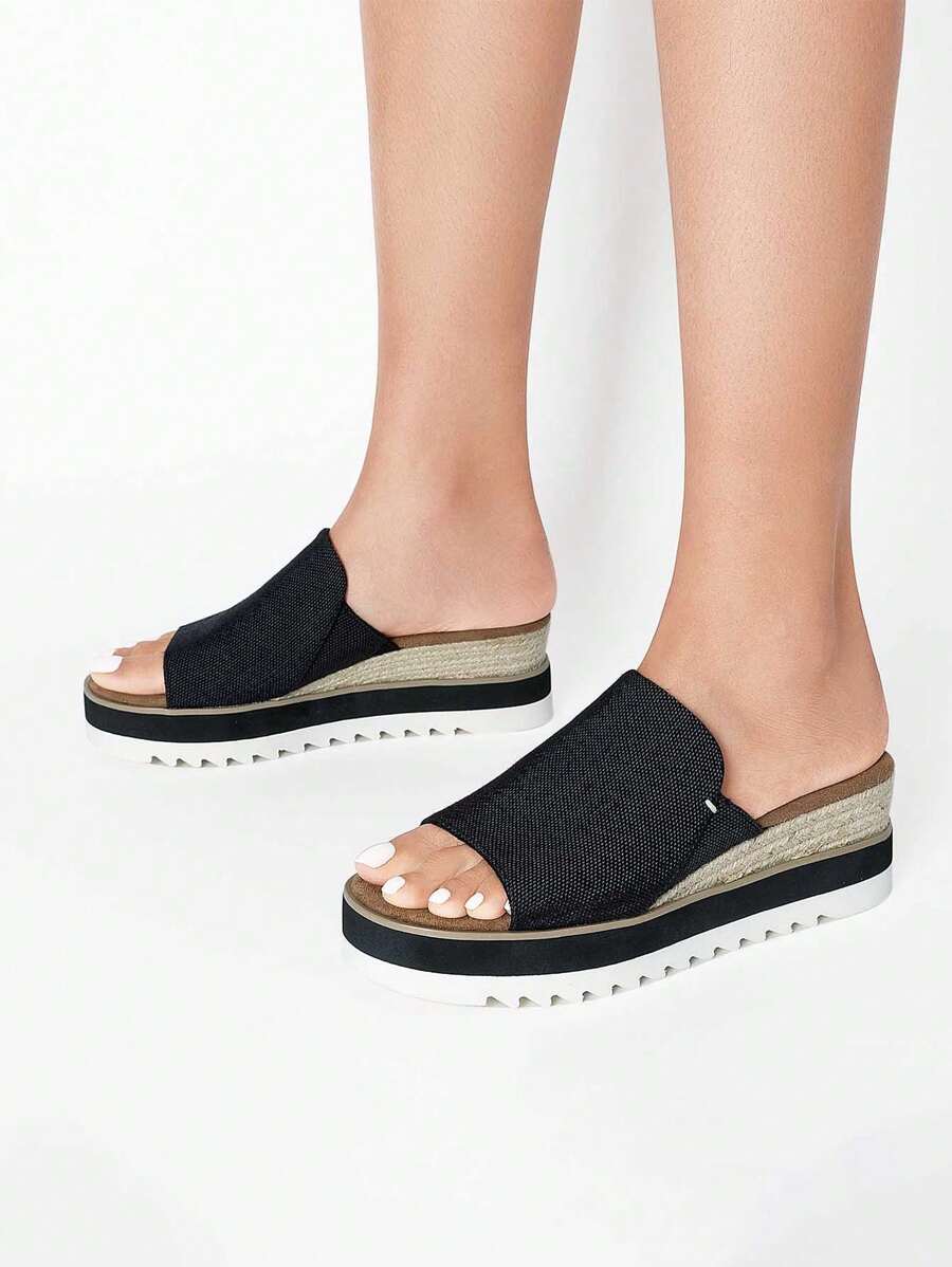 Women's Outdoor Platform Sandals Slip-On Espadrille Bohemia Wedge Sandals Comfort Dressy Open Toe Canvas Slides For Walking Beach Vacation Summer Shoes - 黑色 - 查看 1