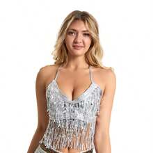 Sparkly Sleeveless Crop Top For Halloween, Belly Dance, Stage Performance, Party - Multicolor - View 15