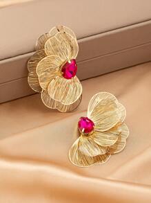 1 Pair Vintage Elegant Metal Gold Layered Textured Floral Embedded Faux Gemstone Pendant Earrings For Women, Suitable For Daily, Party And Formal Occasions