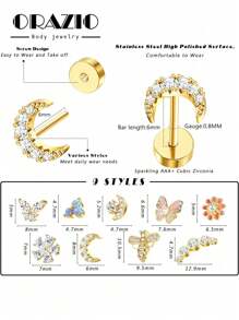 ORAZIO 1 pieza Pendientes de cartílago con diseño de mariposa y flor de acero quirúrgico con parte trasera plana y ópalo para perforación de trago y hélice, joyería para piercing