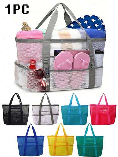 1pc Mesh Beach Bag, Bathroom Bag, Toy Storage Bag, Large Capacity Hollow Mesh Bag, Travel Toiletry Bag