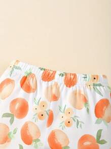 Baby Girl Peach Outfit, Letter Print Long Sleeve Romper Elastic Waist Flare Pants Tie Headband 3 Piece Set For Fall - Orange - View 7