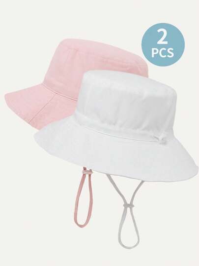 2pcs Children Adjustable Pure White And Light Pink Color Sun Ion Breathable Daily Casual Bucket Hat, Suitable For Outdoor Activities And Everyday Use.