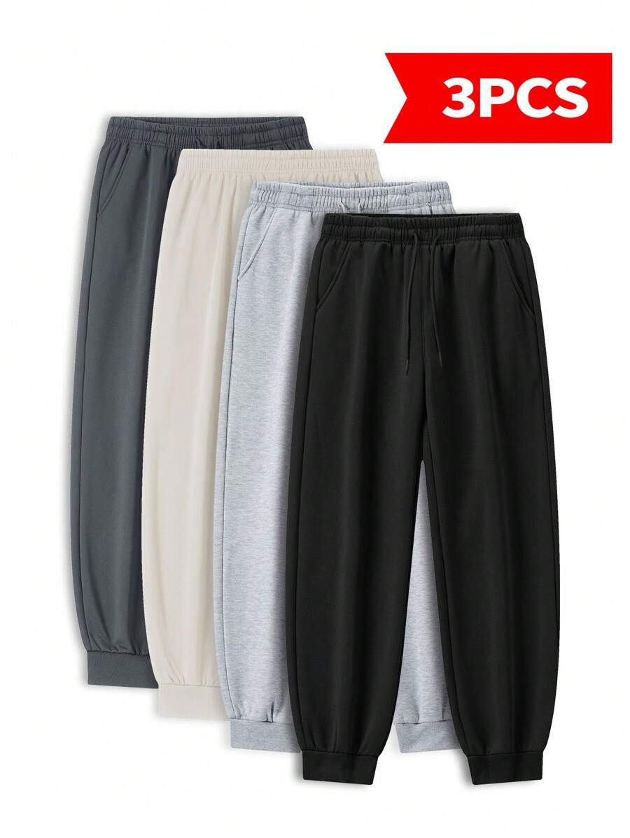 3-Pack Simple Solid Color Outdoor Exercise Pants, Men's Four-Season Running Fitness Pants With Cuffs, Waist Drawstring Adjustment, Men's Versatile Casual Pants, Men's Loose Trousers - 黑色+黑色+淺灰色 - 查看 1