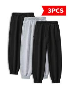 3-Pack Simple Solid Color Outdoor Exercise Pants, Men's Four-Season Running Fitness Pants With Cuffs, Waist Drawstring Adjustment, Men's Versatile Casual Pants, Men's Loose Trousers - 黑色+黑色+淺灰色 - 查看 2