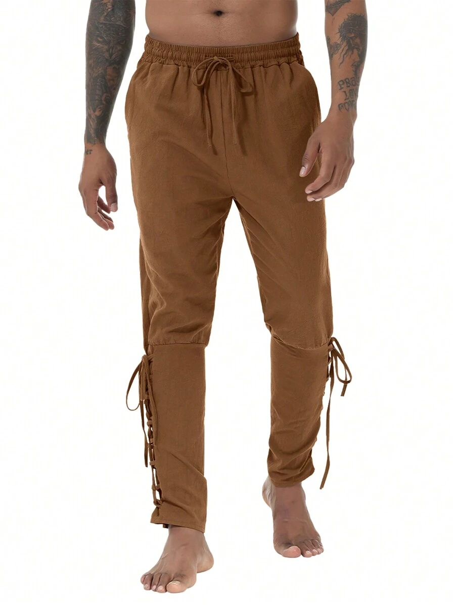 男士宽松裤，中世纪服装男士海盗裤，文艺复兴时期带口袋维京裤，休闲裤 - 棕色 - 查看 1